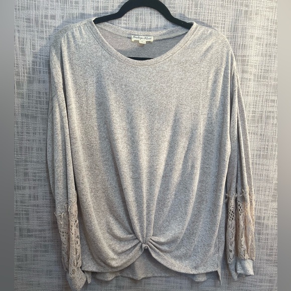 Drape front sweater, neutral boho sweater, lace sleeve sweater - Picture 1 of 5